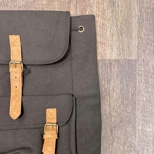 Women’s Faux Leather Canvas Draw String Bucket Bag Mid Size Backpack Black & Tan